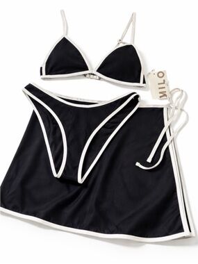 Black & White Contrast Triangle Bikini Set with Wrap Skirt